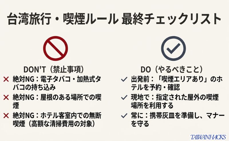 台湾旅行での喫煙に関する禁止事項（電子タバコ持ち込み、室内喫煙）とやるべきこと（ホテルの確認、携帯灰皿）のまとめリスト