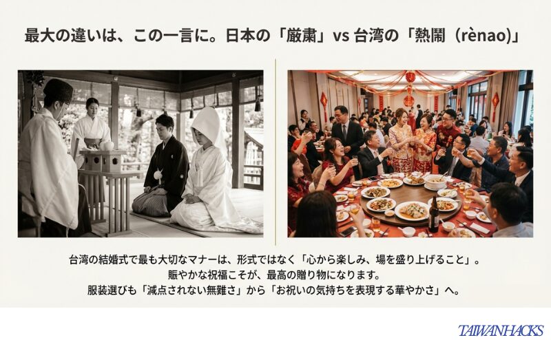 日本の厳粛な神前式と、台湾の賑やかな宴会スタイルの結婚式を対比したイメージ画像。「熱鬧（rènao）」がキーワード。