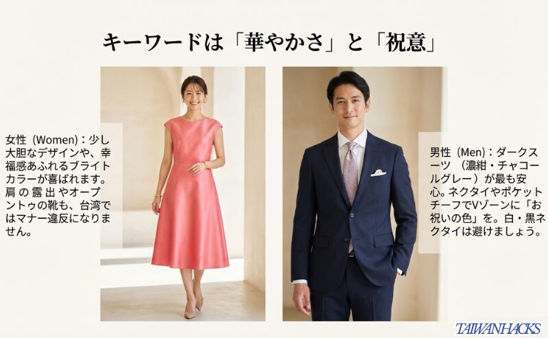 華やかな色のドレスを着た女性と、ダークスーツに明るいネクタイを合わせた男性の服装イラスト。キーワードは「華やかさ」と「祝意」