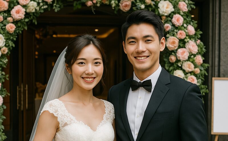 ネイビースーツの男性と淡い色のワンピースを着た女性が結婚式の受付前で談笑している様子。
