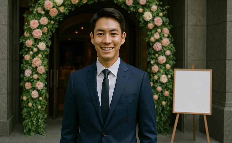 チャコールグレーのスーツを着た男性が、落ち着いた色のネクタイを締めて披露宴会場に入っていく場面。