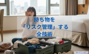 台湾一人旅の持ち物に悩む日本人女性とスーツケース