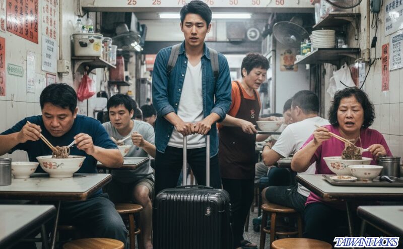 台湾の狭い食堂で、大きなスーツケースを持って困っている一人旅の男性