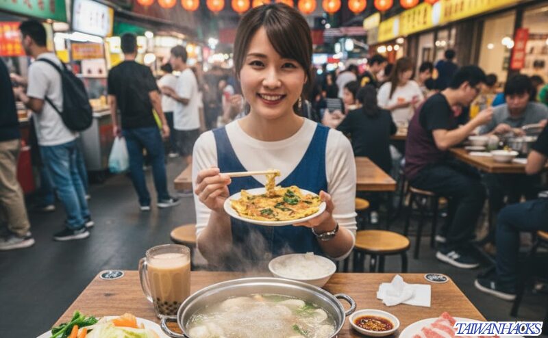 B級グルメのハシゴ飯を示す、小さいサイズの魯肉飯、麺線、スープの3点セット