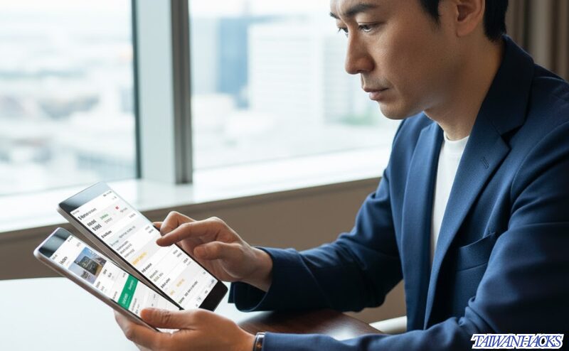 効率を重視し、スマートフォンとタブレットで航空券とホテルを同時に予約する日本人男性