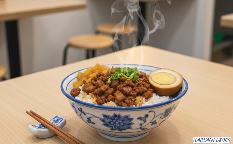 湯気の立つ魯肉飯(ルーローファン)が一皿置かれた清潔な台湾のローカル食堂のテーブル