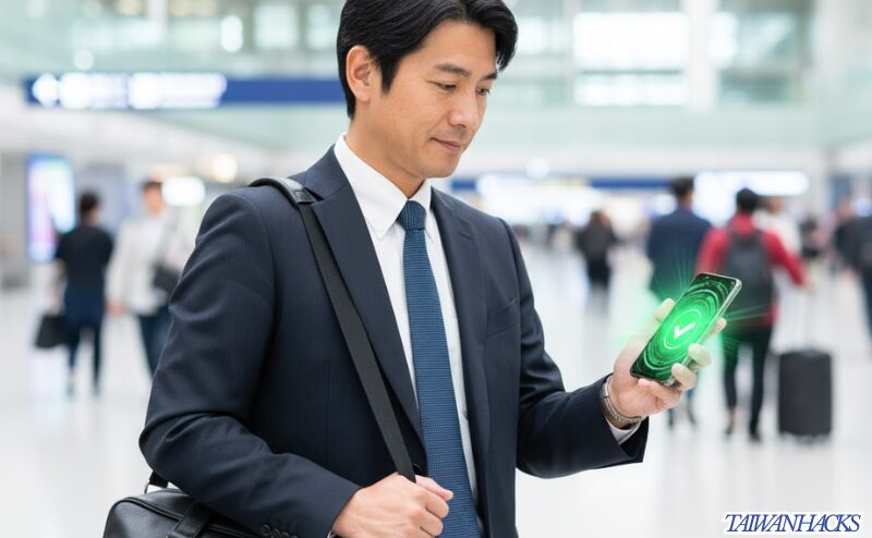 台湾の空港でeSIMが繋がりスマートフォンを確認する日本人男性