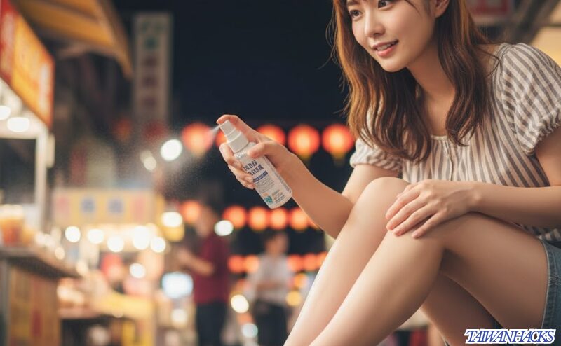 台湾の夜市で足首に虫除けスプレーをかける日本人女性
