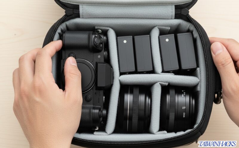 Vlog撮影のためカメラと複数の予備バッテリーを準備する様子