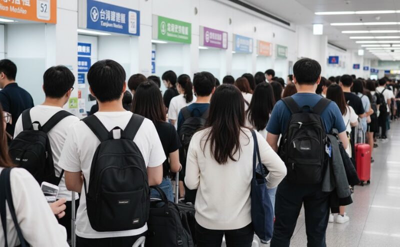 台湾の空港のSIMカードカウンターに並ぶ旅行者の長蛇の列