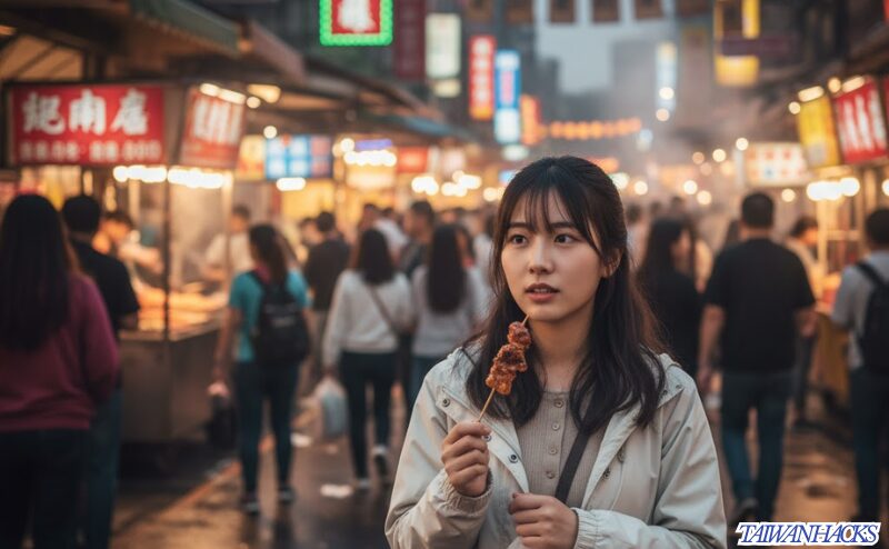 台湾の士林夜市(シーリンイエシー)の混雑した様子と、スリに注意する女子一人旅の学生