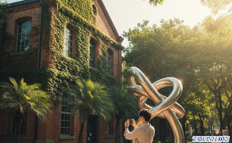 台北の「映え」スポット、華山1914文創園区のレンガ造りの建物とアート作品