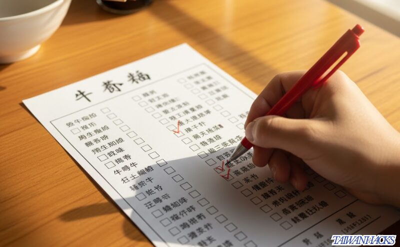 台湾のローカル食堂で使われる注文票(オーダーシート)にチェックを入れている様子