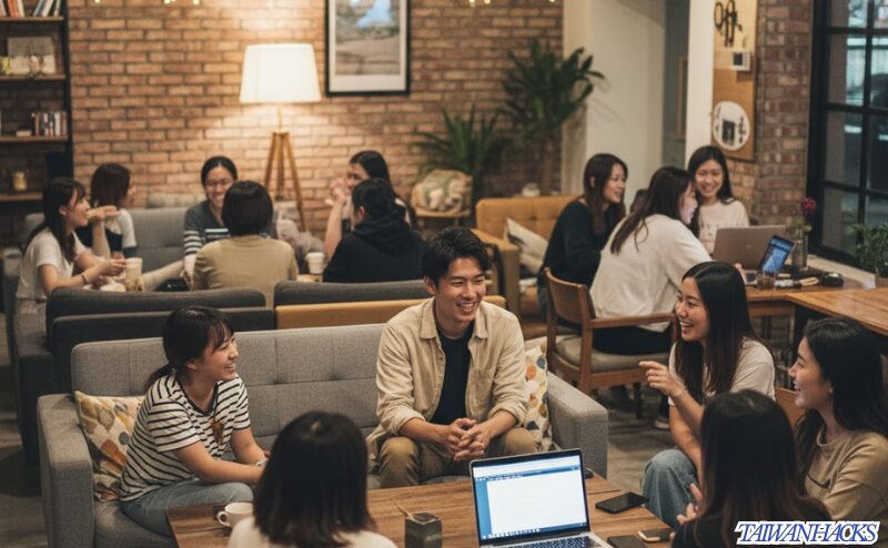台湾一人旅の交流派、ホステルの活気あるラウンジで談笑する旅行者たち