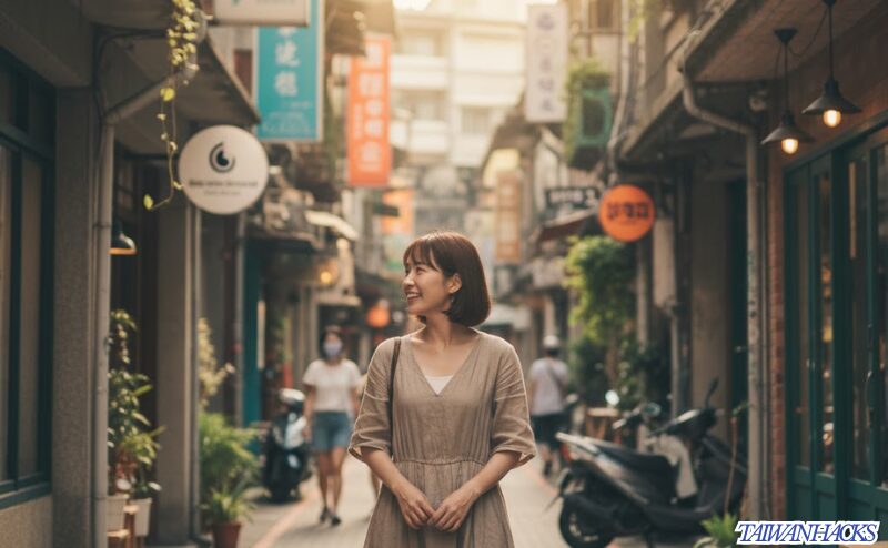 台湾・中山エリアのおしゃれな路地でカフェ巡りを楽しむ日本人女性