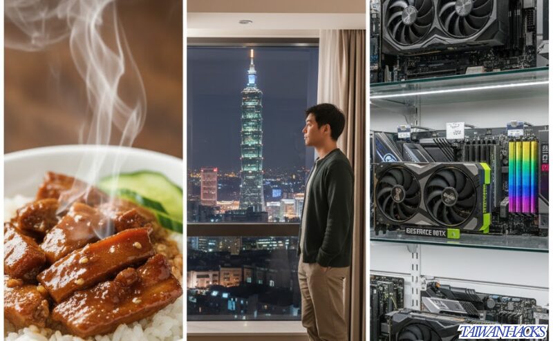 台湾一人旅の3タイプ:B級グルメ、快適なホテル、ガジェット巡りのコラージュ