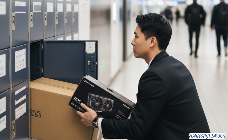台北の駅でコインロッカーにPCパーツ(戦利品)を預ける男性