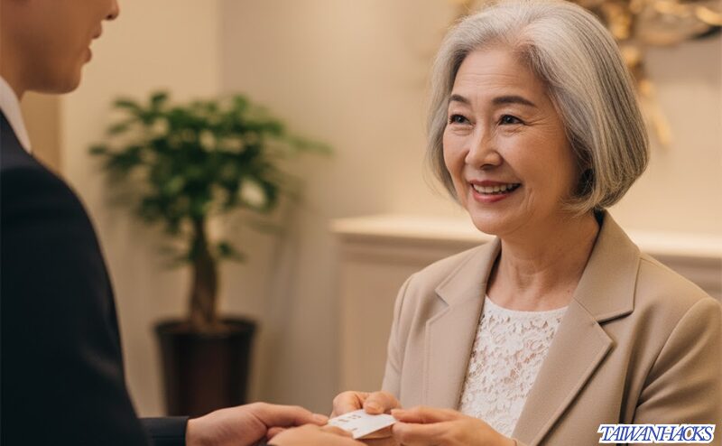台湾のホテルで、道に迷った時のお守りとして、ホテルの名刺をフロントで受け取るシニアの日本人女性旅行者