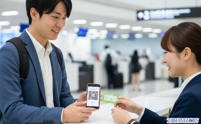 空港カウンターで事前予約した悠遊カード(EasyCard)を受け取る男性旅行者