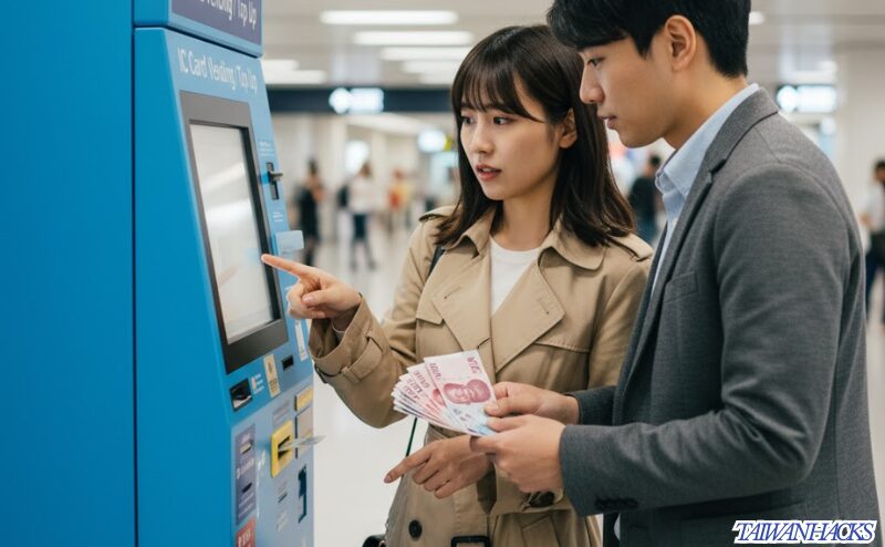 台湾の空港で悠遊カード(EasyCard)の自動券売機を操作する日本人カップル