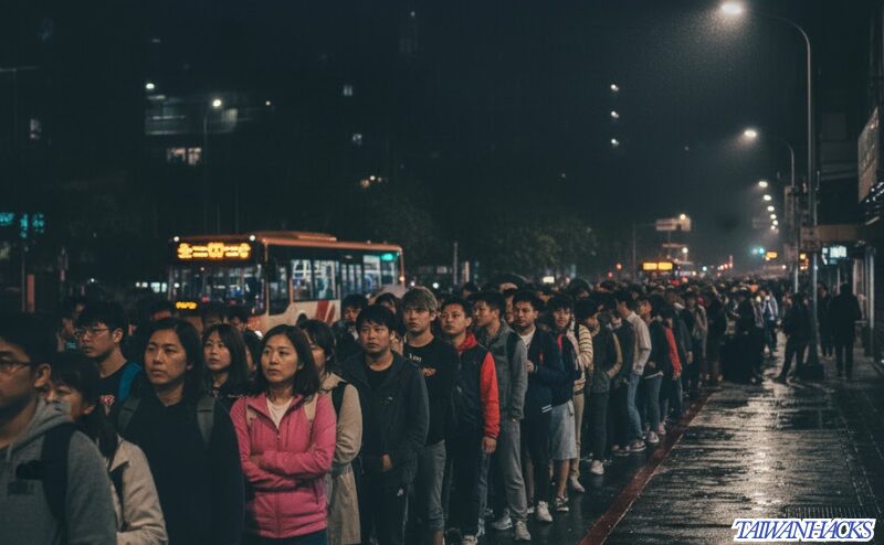 九份からの帰り方、夜のバス停で地獄のような長蛇の列に並ぶ観光客