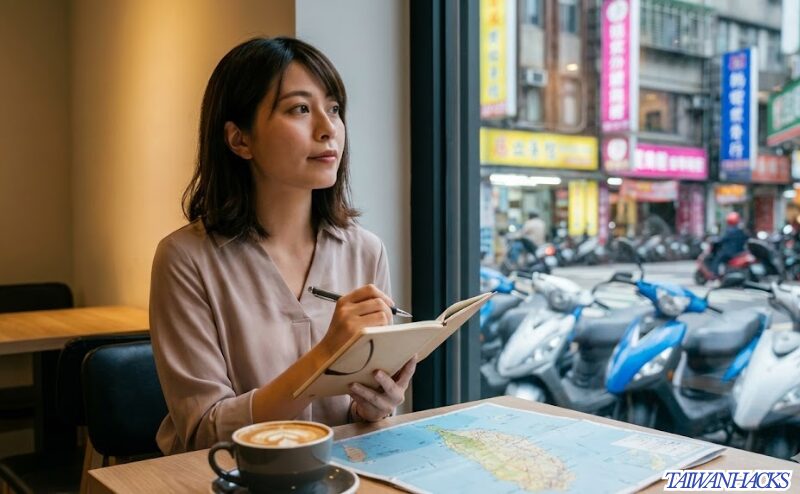台北のカフェで旅の計画を立てる日本人女性と、窓外に見える台北の活気ある街並み