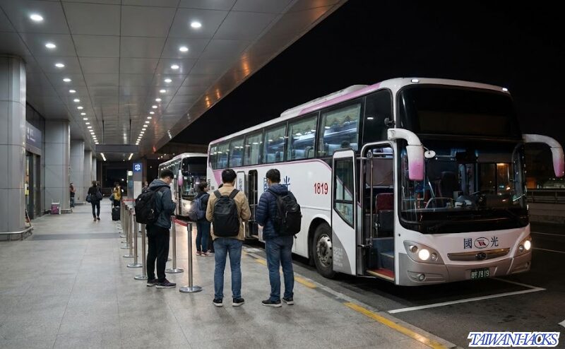 深夜の桃園国際空港バスターミナルに停車する國光客運バスと乗車を待つ人々