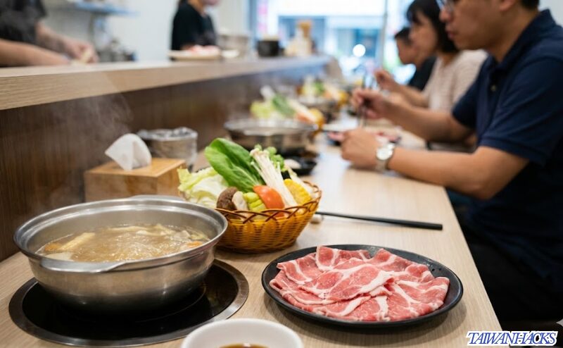 カウンター席で楽しむ台湾の一人鍋(しゃぶしゃぶ)、新鮮な肉と野菜