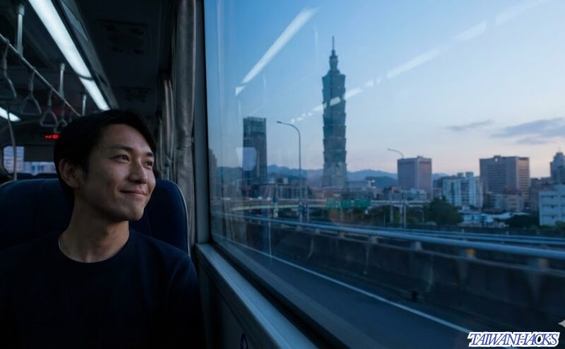 空港へ向かうバスの車窓から眺める台北の夕景と、旅の充実感に浸る男性のシルエット