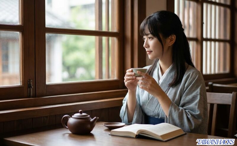 台湾の隠れ家的な茶藝館で読書をしながら中国茶を楽しみ、静寂な時間を過ごす日本人女性