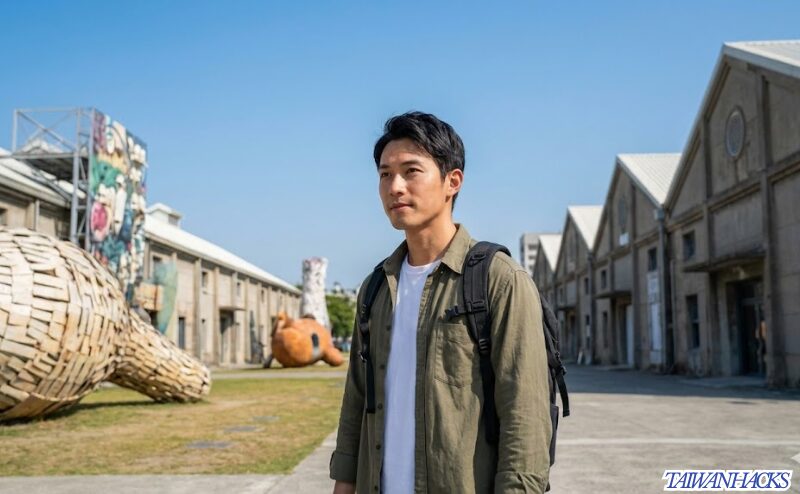 高雄の駁二芸術特区をバックパック一つでアクティブに観光する日本人男性