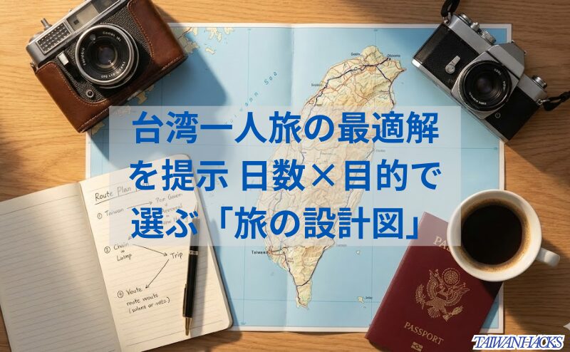 2025年版台湾一人旅モデルコースの設計図（地図、ノート、カメラが置かれた旅の計画デスク）