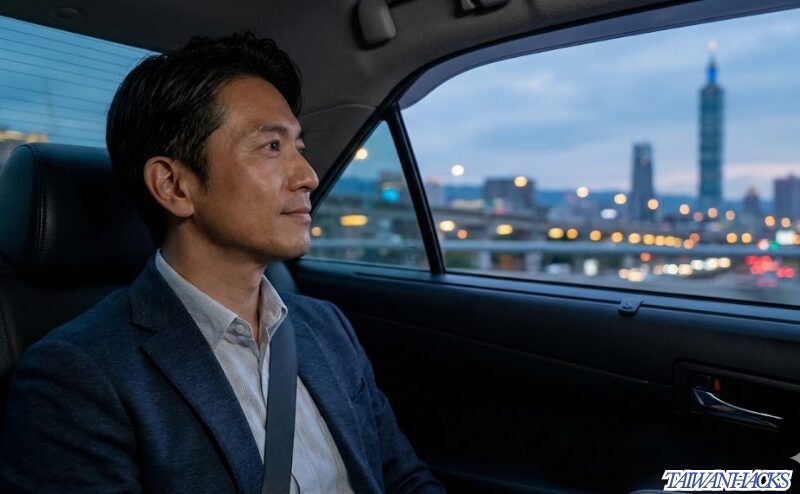 台北の松山空港からタクシーで市内のホテルへ向かう、移動ストレスを感じさせないリラックスした日本人男性旅行者