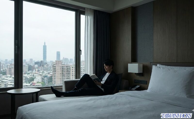 防音性が高く静寂が保たれた台北の高級ホテルの一室で、外界の喧騒から離れて読書をして過ごす日本人男性
