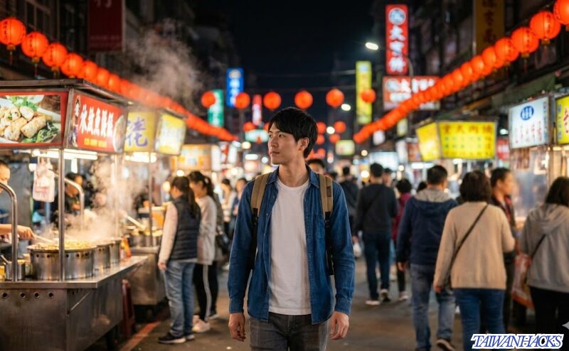 活気あふれる台湾の夜市をバックパック一つで軽快に歩く男性旅行者