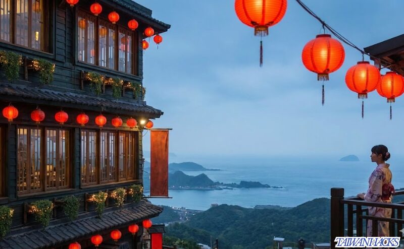 夕暮れ時の九份の茶藝館から提灯と景色を眺める女性旅行者