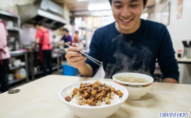 台湾のローカル食堂で魯肉飯(ルーローファン)を前に笑顔を見せる男性一人旅