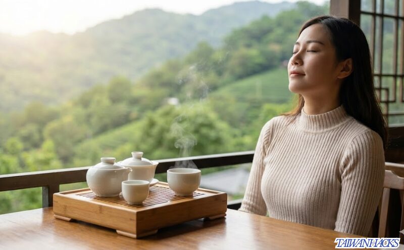 緑豊かな猫空の茶藝館で台湾茶を楽しみながらリラックスする女性