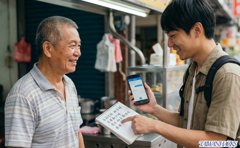 台湾の屋台で筆談とスマホを使ってコミュニケーションをとる日本人男性と店主