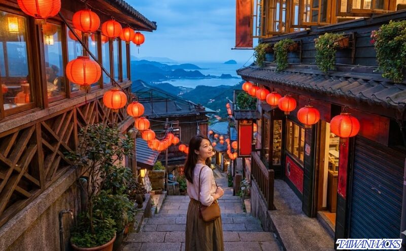 夕暮れ時の九份の街並みと景色を楽しむ日本人女性