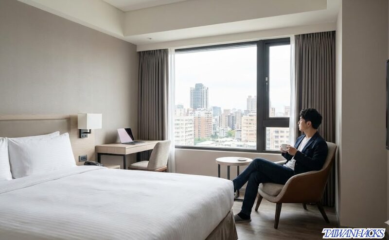 台北の清潔で快適なホテルの一室でくつろぐ日本人男性
