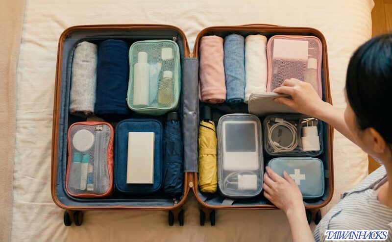 台湾旅行のために整理整頓されたスーツケースの中身とパッキングの様子